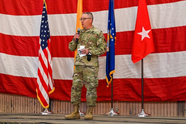 Maj. Gen. Nava stands on stage giving his final speech to the New Mexico Air National Guard