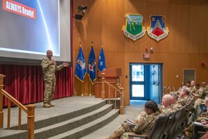 General Anthony J. Cotton, Commander, Air Force Global Strike Command and Commander, Air Forces Strategic–Air, U.S. Strategic Command, Barksdale Air Force Base speaking at Air War College December 03, 2021.(U.S. Air Force photo by William Birchfield)