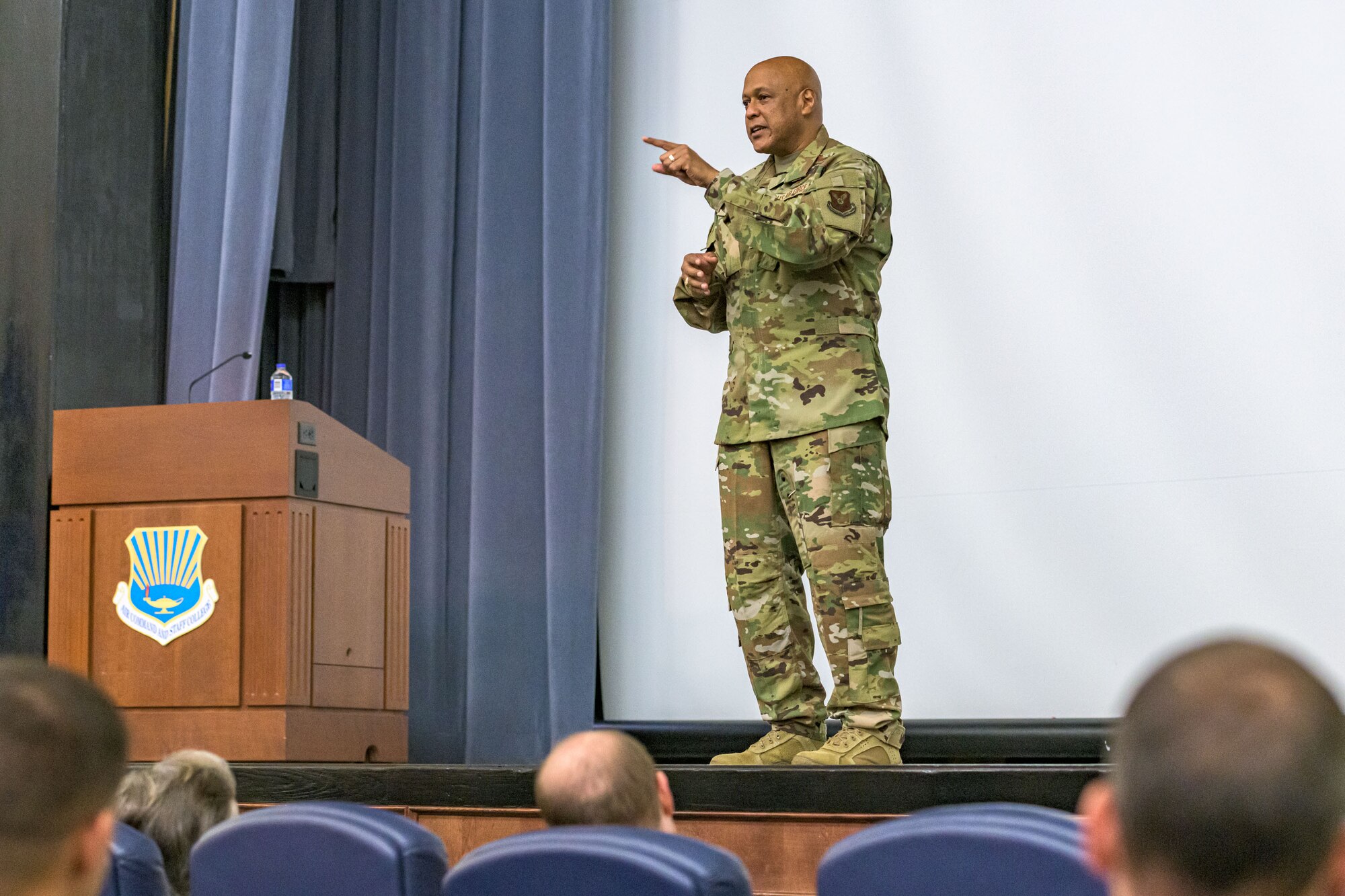 Gen. Anthony J. Cotton, Commander, Air Force Global Strike Command and Commander, Air Forces Strategic–Air, U.S. Strategic Command speaks to Air Command and Staff College students. (U.S. Air Force photo by Trey Ward)