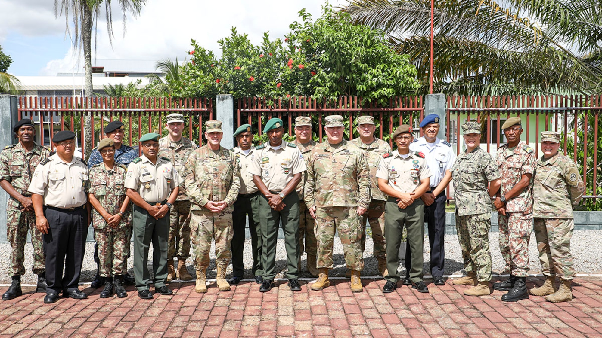 South Dakota National Guard and Suriname Defense
Force leaders stand together during a distinguished leaders visit to Paramaribo, Suriname, Nov. 24, 2021.
