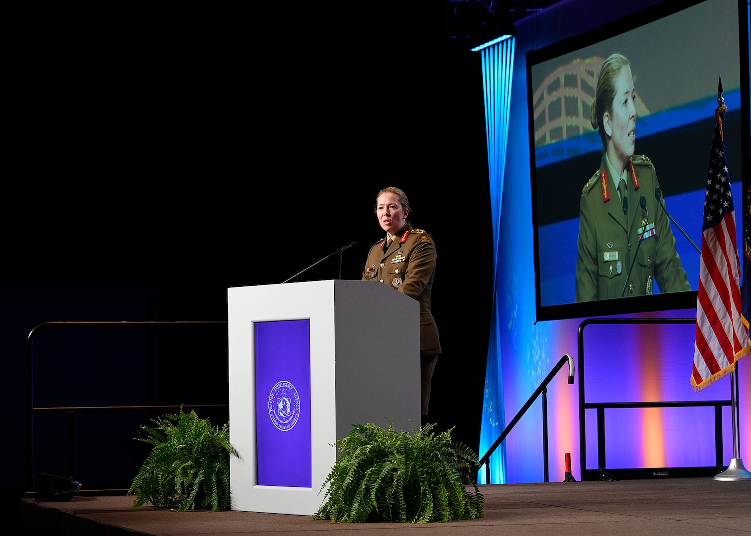 An image of a woman on a stage behind a podium. Speaking.