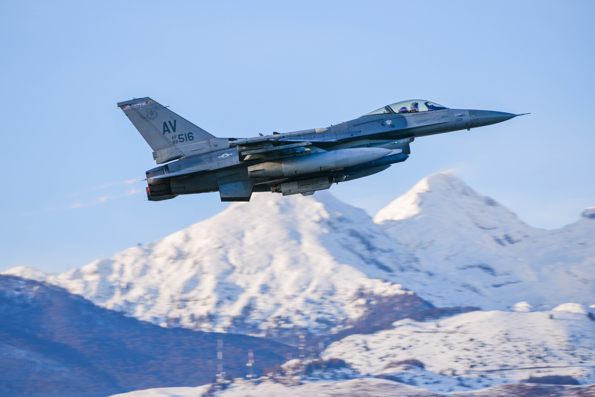 A U.S. Air Force F-16 Fighting Falcon assigned to the 510th Fighter Squadron, performs a mission sortie at Aviano Air Base, Italy, Nov. 30, 2021. In an air-to-surface role, the F-16 can fly more than 500 miles, deliver its weapons with superior accuracy, defend itself against enemy aircraft, and return to its starting point. An all-weather capability allows it to accurately deliver ordnance during non-visual bombing conditions. (U.S. Air Force photo by Senior Airman Brooke Moeder)