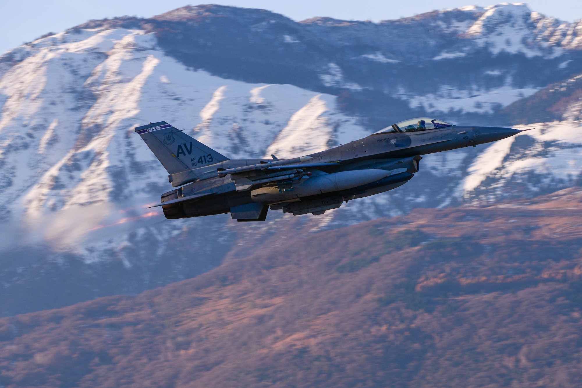 A U.S. Air Force F-16 Fighting Falcon assigned to the 510th Fighter Squadron, takes off at Aviano Air Base, Italy, Nov. 30, 2021. The mission of the 31st Fighter Wing is to deter through safe, secure, effective operations to win the current fight and be ready to win the next fight. The F-16 is able to fly more than 500 miles, deliver its weapons with superior accuracy, defend itself against enemy aircraft, and return to its starting point.  (U.S. Air Force photo by Senior Airman Brooke Moeder)