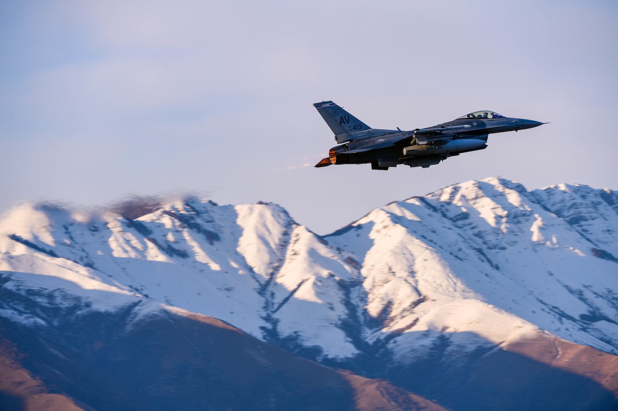 A U.S. Air Force F-16 Fighting Falcon assigned to the 510th Fighter Squadron, takes off at Aviano Air Base, Italy, Nov. 30, 2021. U.S. Air Force F-16 multirole fighters were deployed to the Persian Gulf in 1991 in support of Operation Desert Storm, where more sorties were flown than with any other aircraft, during that time. These fighters were used to attack adversary airfields, military production facilities, missile sites and a variety of other targets. (U.S. Air Force photo by Senior Airman Brooke Moeder)