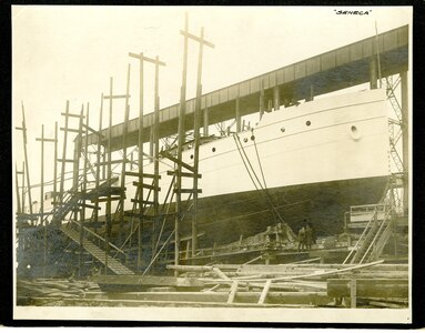 USRC Seneca on the builder's ways at the Newport News Shipbuilding Company in Newport News, Virginia. Circa 1908.