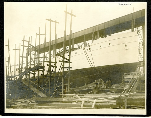 USRC Seneca on the builder's ways at the Newport News Shipbuilding Company in Newport News, Virginia. Circa 1908.