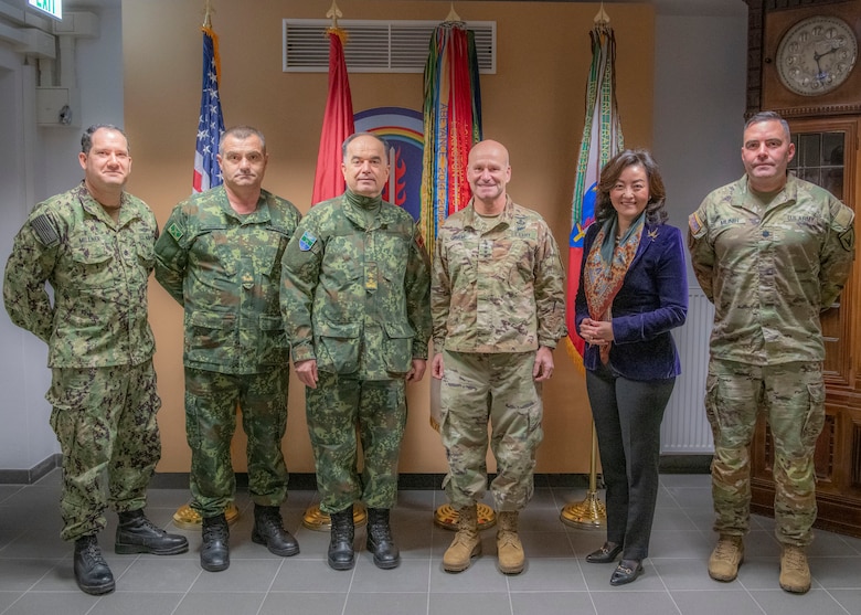 U.S. Ambassador to Albania, Ambassador Yuri Kim, along with Albania Chief of Defense, Maj. Gen. Bajram Begaj, and Albania Land Forces Commander, Brig. Gen. Arben Kingji, visit U.S. Army Europe and Africa headquarters while Gen. Christopher Cavoli, U.S. Army Europe and Africa Commanding General, hosts.