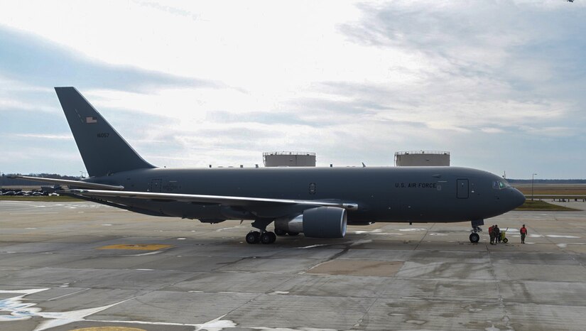 Joint Base McGuire-Dix-Lakehurst Airmen marshall a KC-46 Pegasus on the flightline after the installation’s first KC-46 air-refueling mission on Joint Base MDL, New Jersey Dec. 2, 2021. Less than a month after being in the 305th and 514th Air Mobility Wings’ control, the first two KC-46 aircrafts assigned here were tasked with their first mission to test the operation and maintenance processes put in place prior to the aircrafts arrival. (U.S. Air Force photo by Senior Airman Ariel Owings)