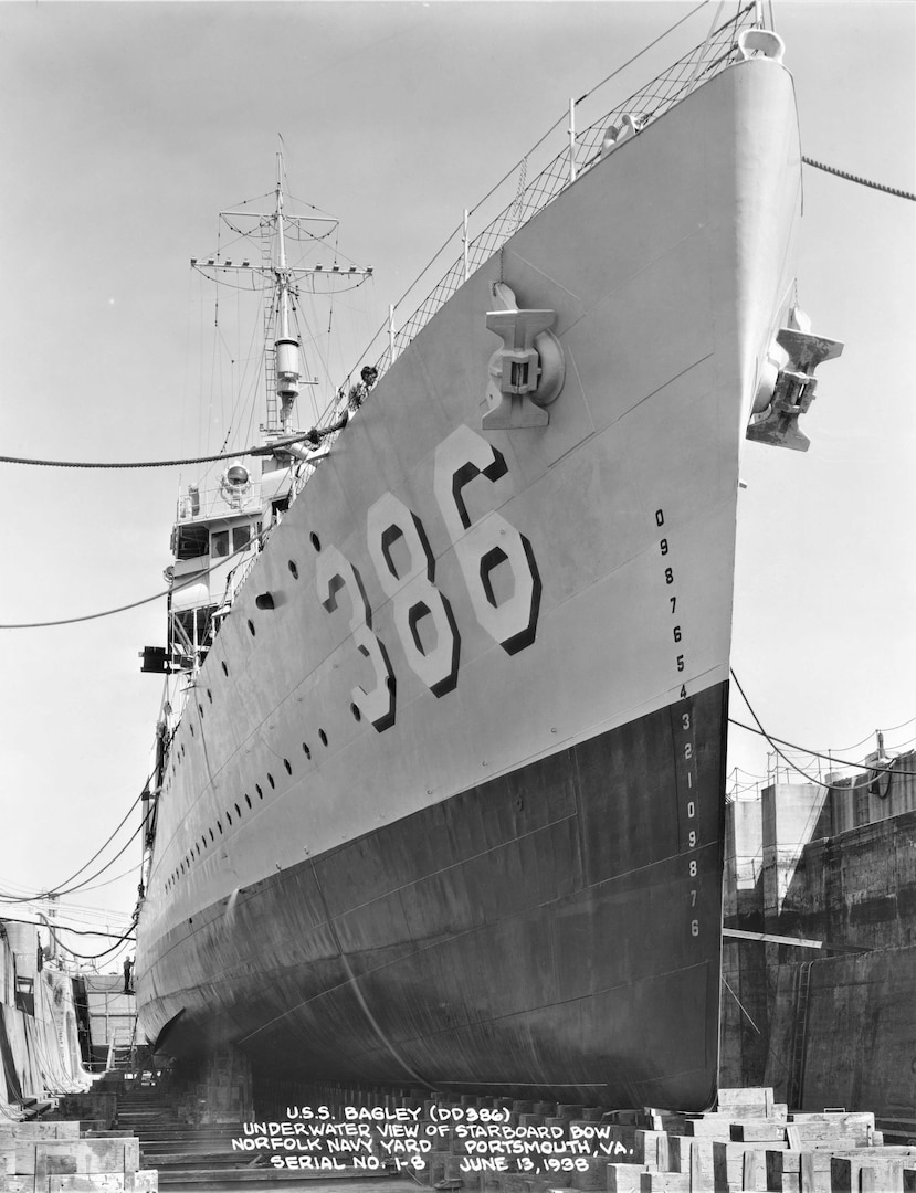 NNSY built the first three of eight Bagley-class destroyers—USS Bagley (DD-386), USS Blue (DD-387) and USS Helm (DD-388)—which were all present during the Pearl Harbor attack.   USS Bagley, shown here in Dry Dock 6 in June 1938, was believed to have taken down as many as six attacking planes.