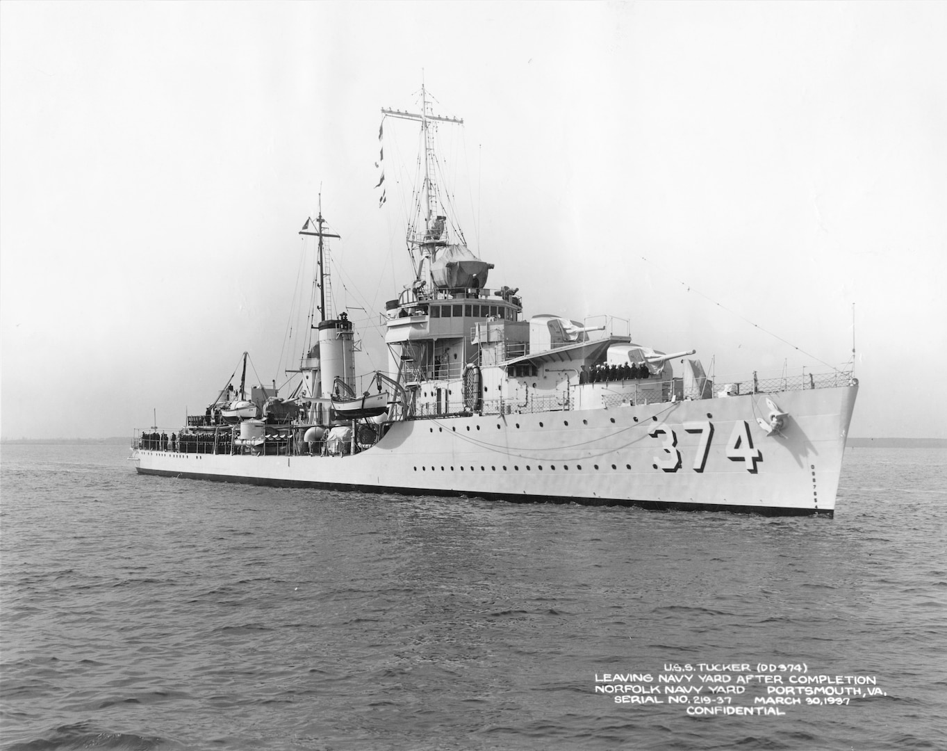 The NNSY-built USS Tucker (DD-347), commissioned in July 1936, was in the midst of overhaul during the Pearl Harbor attack, but was already firing its .50 caliber machine guns by the time the ship’s general quarters alarm sounded.   Based on multiple reports, the ship’s commanding officer claimed Tucker fired the first shot from American forces in defending Pearl Harbor.