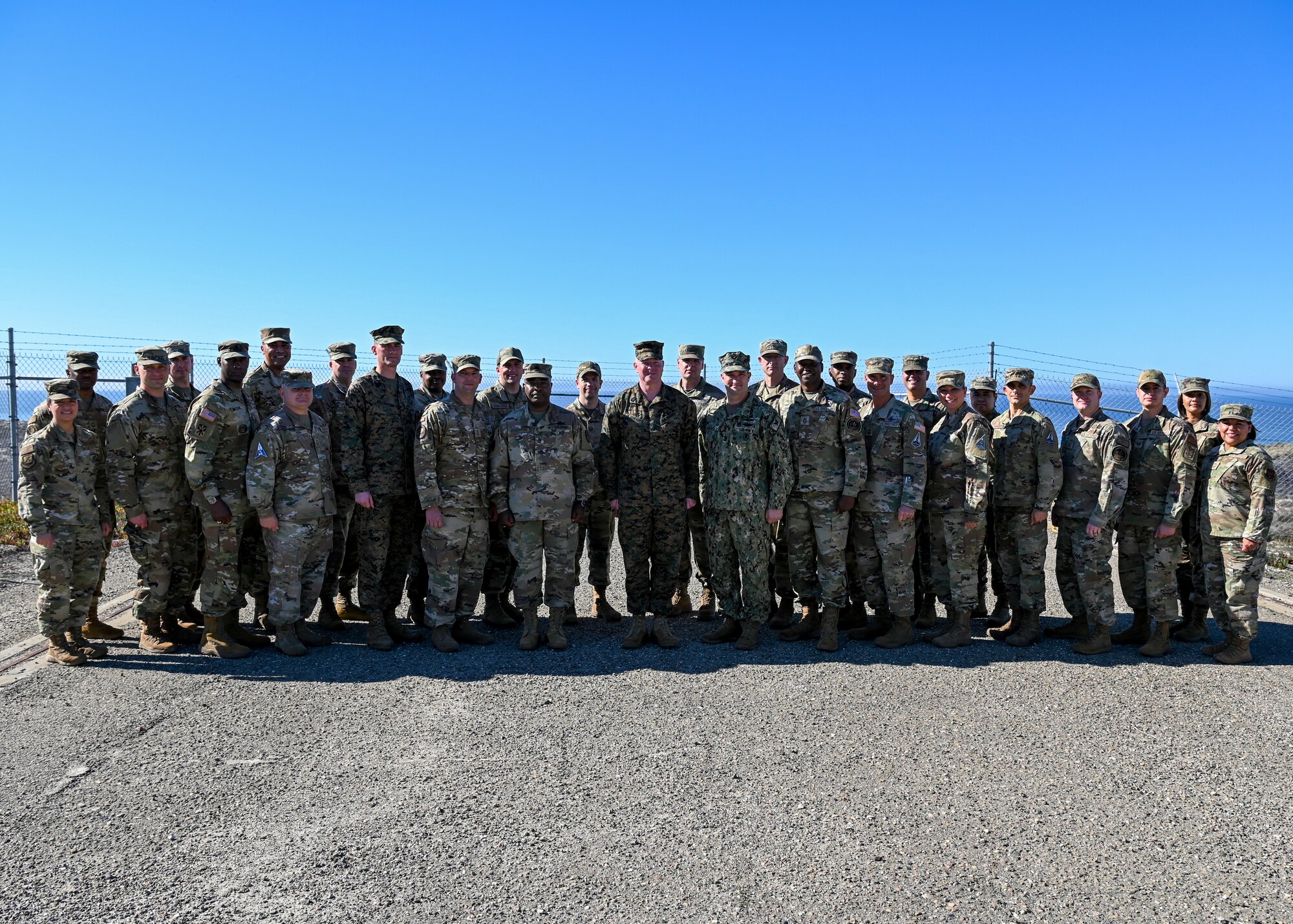 Master Gunnery Sgt. Scott Stalker, Command Senior Enlisted Leader of United States Space Command, poses for a photo with senior non-commissioned officers attending the Senior Enlisted Leader conference on Vandenberg Space Force Base, Calif., Dec. 1, 2021. The conference is a three-day event meant to master strategic initiatives for Senior Enlisted Leaders.  (U.S. Space Force photo by Airman Kadielle Shaw)