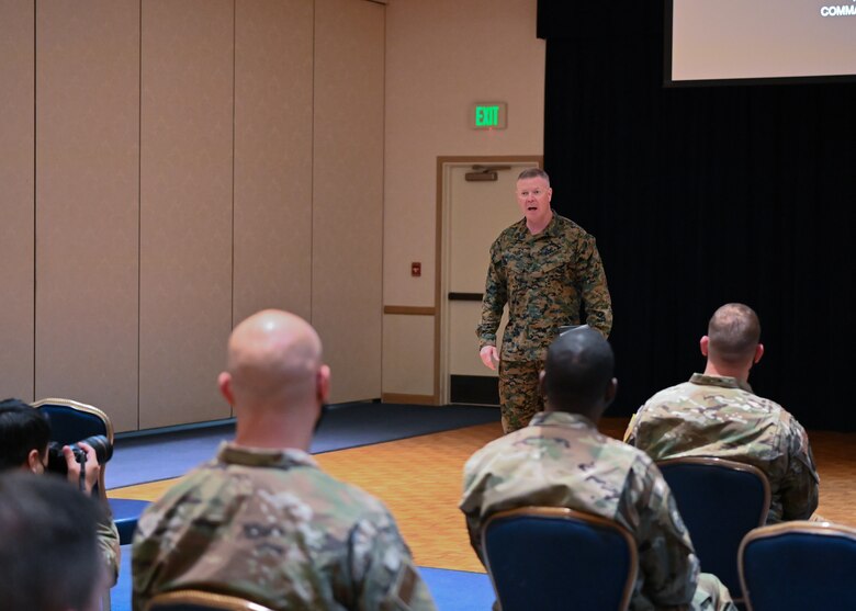Master Gunnery Sgt. Scott Stalker, Command Senior Enlisted Leader of United States Space Command, speaks with senior non-commissioned officers attending the Senior Enlisted Leader conference on Vandenberg Space Force Base, Calif., Dec. 1, 2021. The conference is a three-day event meant to master strategic initiatives for Senior Enlisted Leaders.  (U.S. Space Force photo by Airman Kadielle Shaw)