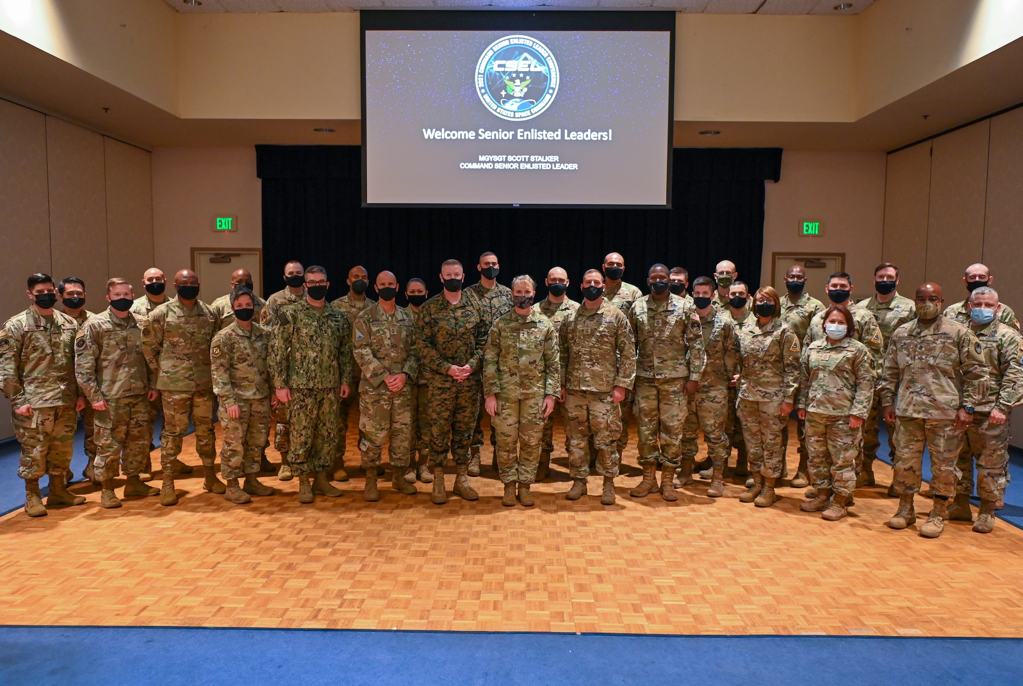 Master Gunnery Sgt. Scott Stalker, Command Senior Enlisted Leader of United States Space Command, poses for a group photo with senior non-commissioned officers attending the Senior Enlisted Leader conference on Vandenberg Space Force Base, Calif., Dec. 1, 2021. The conference is a three-day event meant to master strategic initiatives for Senior Enlisted Leaders.  (U.S. Space Force photo by Airman Kadielle Shaw)