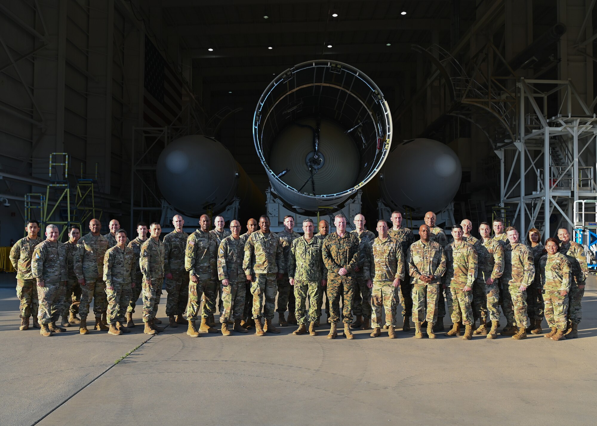 Master Gunnery Sgt. Scott Stalker, Command Senior Enlisted Leader of United States Space Command, poses for a group photo with senior non-commissioned officers attending the Senior Enlisted Leader conference on Vandenberg Space Force Base, Calif., Dec. 1, 2021. The conference is a three-day event meant to master strategic initiatives for Senior Enlisted Leaders.  (U.S. Space Force photo by Airman Kadielle Shaw)
