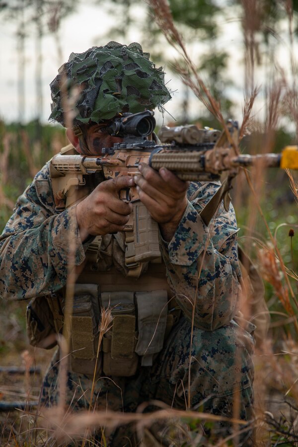 U.S. Marine Corps Lance Cpl. Christopher Castle, a Florence, Ala., native, and rifleman with 3rd Battalion, 2d Marine Regiment, 2d Marine Division, sets security during a mass casualty drill as part of a Marine Corps Combat Readiness Evaluation (MCCRE) on Camp Lejeune, N.C., Dec. 4, 2021.