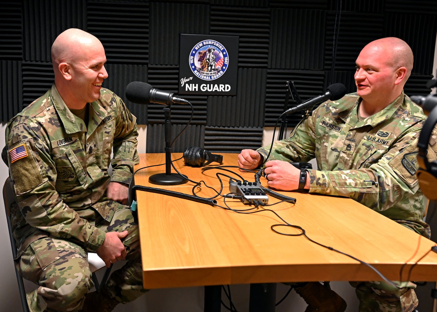 From left, 1st Sgt. Matthew Lovgren and Sgt. 1st Class Alex Thurston, NHARNG Recruiting and Retention Battalion, discuss the state's new Soldier Training and Education Program (1st STEP) in Concord, New Hampshire, Nov. 30, 2021.