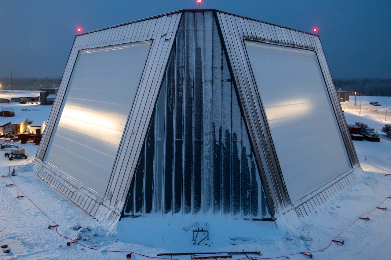 A pyramid-shaped building.