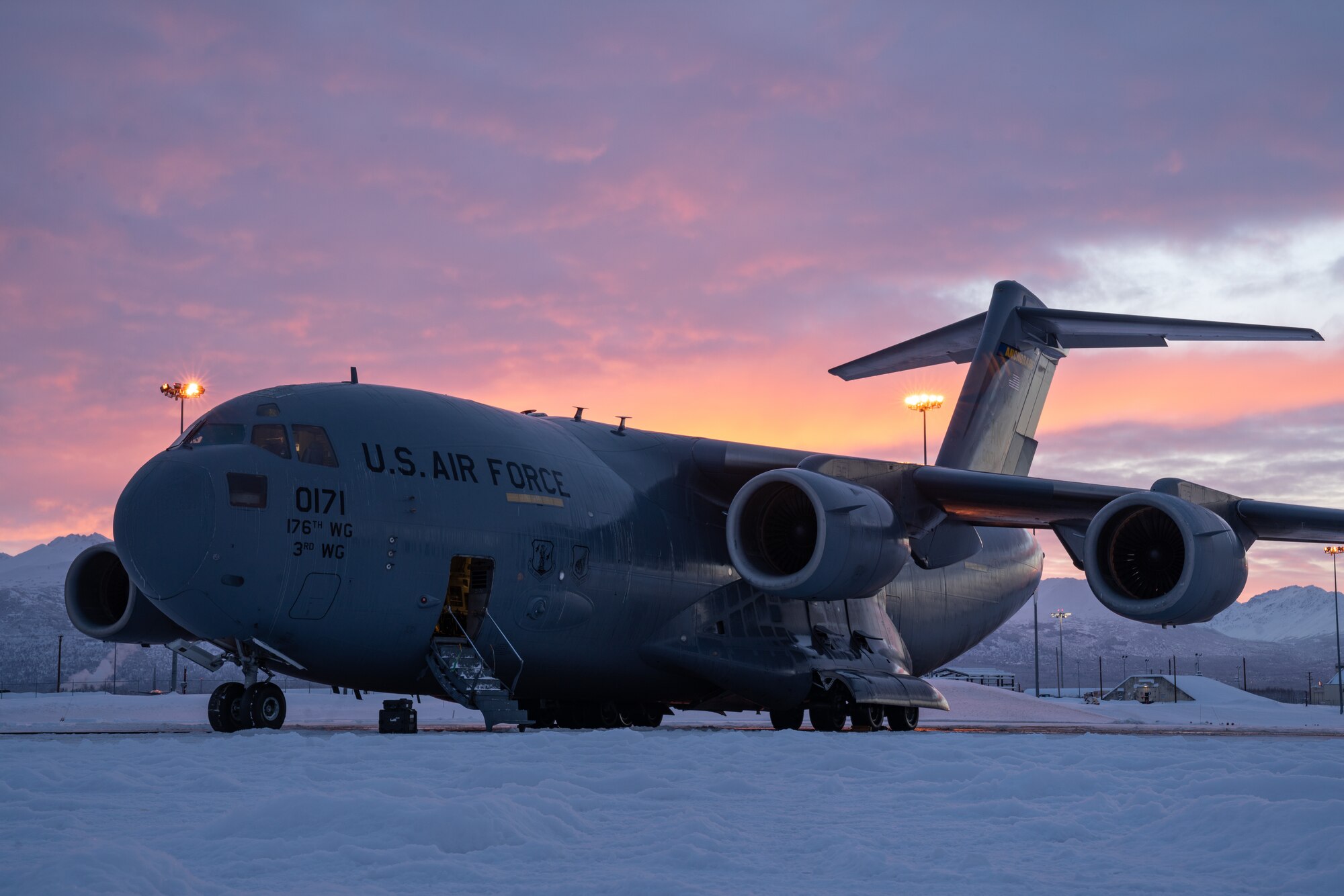 A C-17 Globemaster III sits on the flight line at Joint Base Elmendorf-Richardson, Alaska.