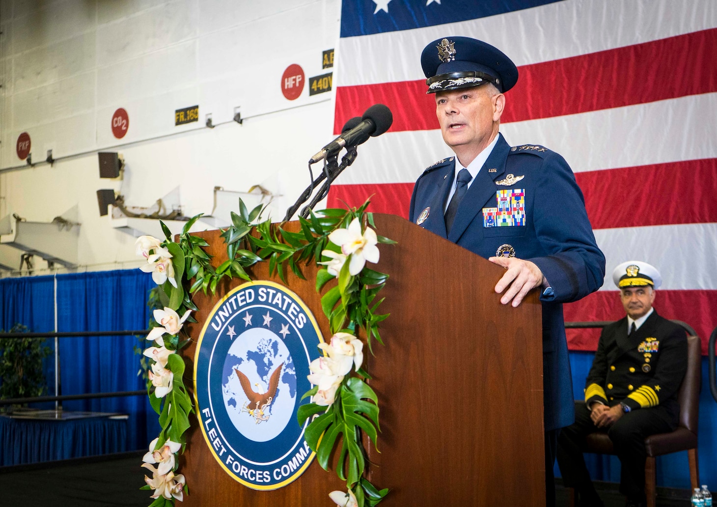 Air Force Gen. Glen D. Vanherck, commander U.S. North American Aerospace Defense Command and U.S. Northern Command, delivers his remarks during the USFFC change of command ceremony aboard USS George H. W. Bush (CVN 77), Dec. 7, 2021.