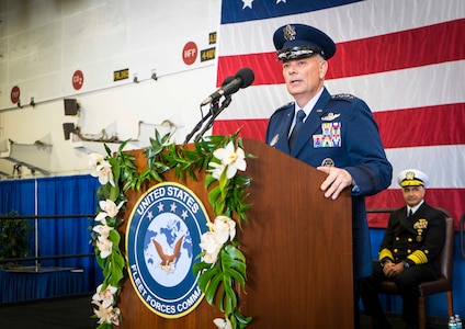 Air Force Gen. Glen D. Vanherck, commander U.S. North American Aerospace Defense Command and U.S. Northern Command, delivers his remarks during the USFFC change of command ceremony aboard USS George H. W. Bush (CVN 77), Dec. 7, 2021.