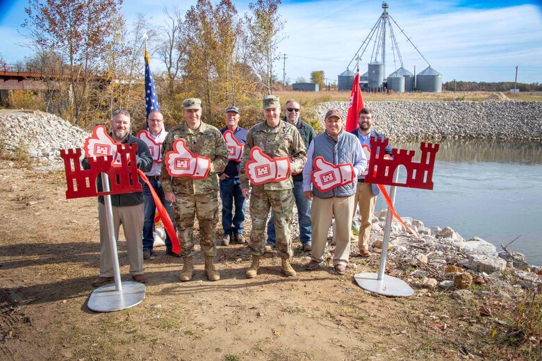 IN THE PHOTO, District Commander Col. Zachary Miller, district leadership, and the project delivery team met with project partners in Fisk, Missouri, for a ribbon-cutting ceremony. The celebratory event was held to acknowledge the completion of a project to repair a scour site downstream of the State Highway 51 and Union Pacific Railroad bridges. (USACE Photo by Vance Harris)