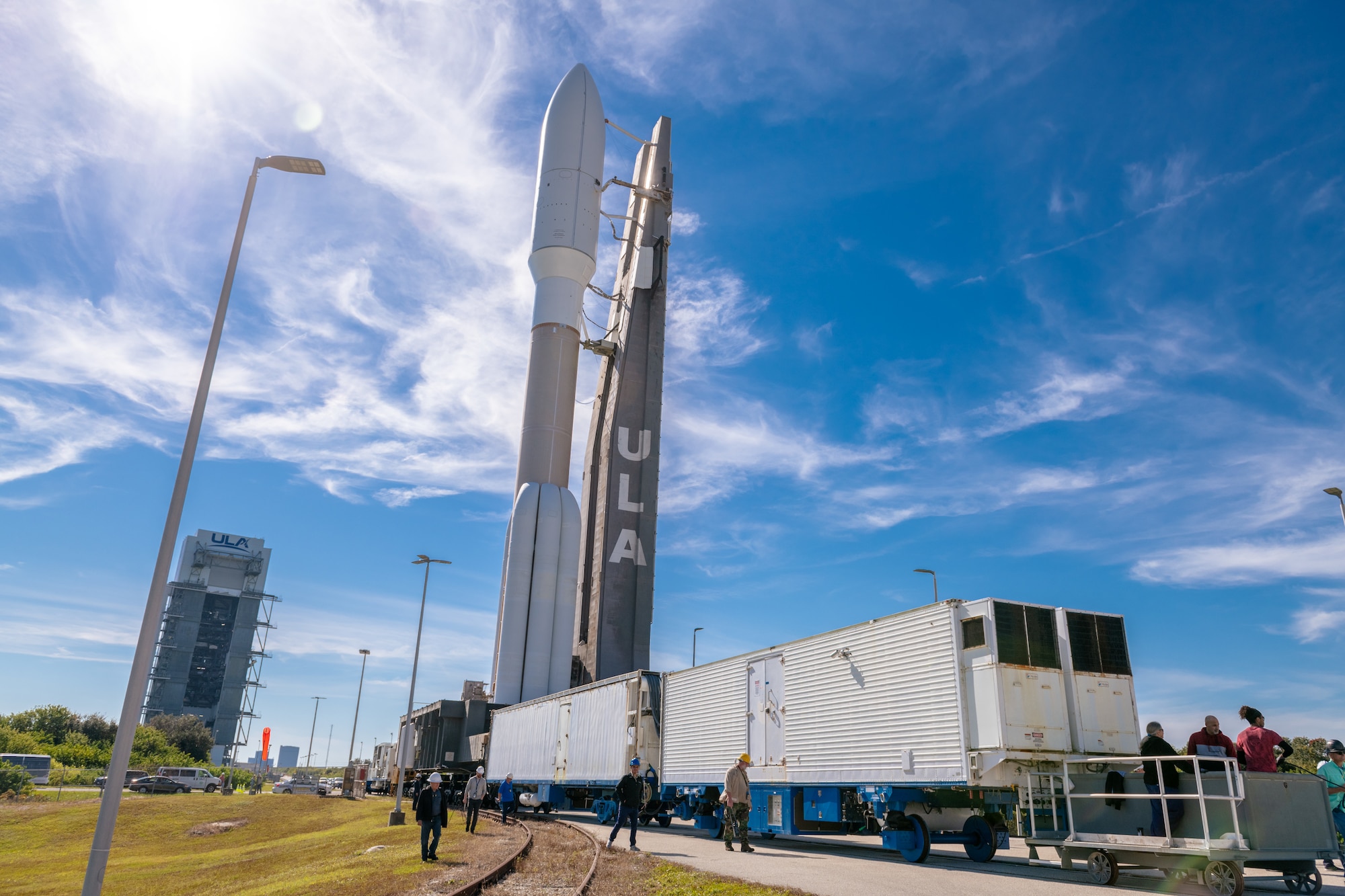 A United Launch Alliance Atlas V is transported Dec. 3, 2021, to Space Launch Complex 41 at Cape Canaveral Space Force Station, Fla. The rocket powered two Department of Defense Space Test Program satellites into space Dec. 7. (U.S. Space Force photo by Joshua Conti)