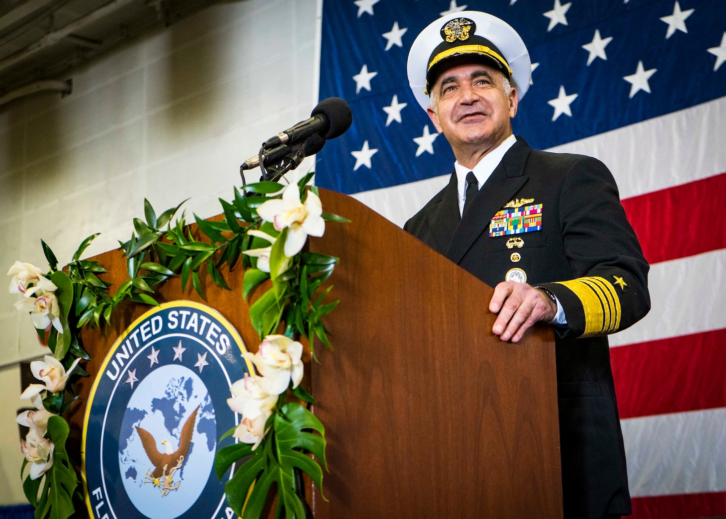 Adm. Charles A. Richard, commander U.S. Strategic Command, delivers his remarks during the USFFC change of command ceremony aboard USS George H. W. Bush (CVN 77), Dec. 7, 2021.