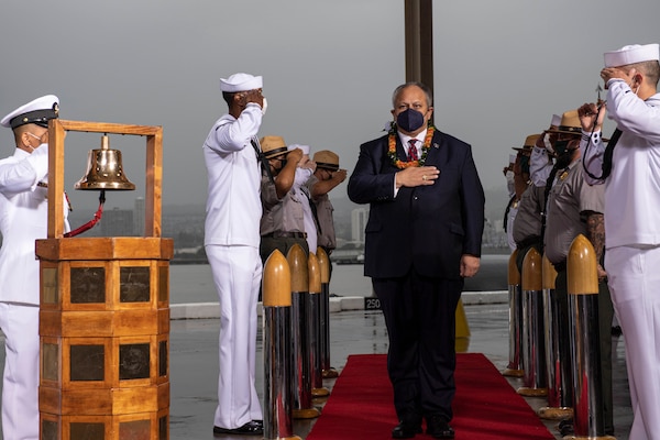 PEARL HARBOR, Hawaii (Dec. 7, 2021) Secretary of the Navy (SECNAV) Carlos Del Toro passes through sideboys upon his arrival at the 80th Anniversary Pearl Harbor Remembrance. Dec. 7, 2021 marks the 80th anniversary of the attacks on Pearl Harbor and Oahu. The U.S. military, State of Hawaii and National Park Service are hosting a series of remembrance events throughout the week to honor the courage and sacrifices of those who served throughout the Pacific theater. Today, the U.S.-Japan Alliance is a cornerstone of peace and security in a free and open Indo-Pacific region. (U.S. Navy photo by Mass Communication Specialist 1st Class Kelby Sanders)