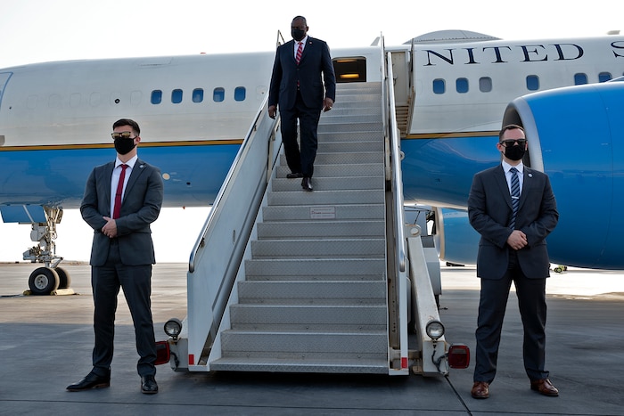 Secretary of Defense Lloyd J. Austin III deplanes at Al Dhafra Air Base, United Arab Emirates, Nov. 22, 2021. Austin Traveled to the UAE to meet with senior government officials to reaffirm the US-UAE strategic partnership.