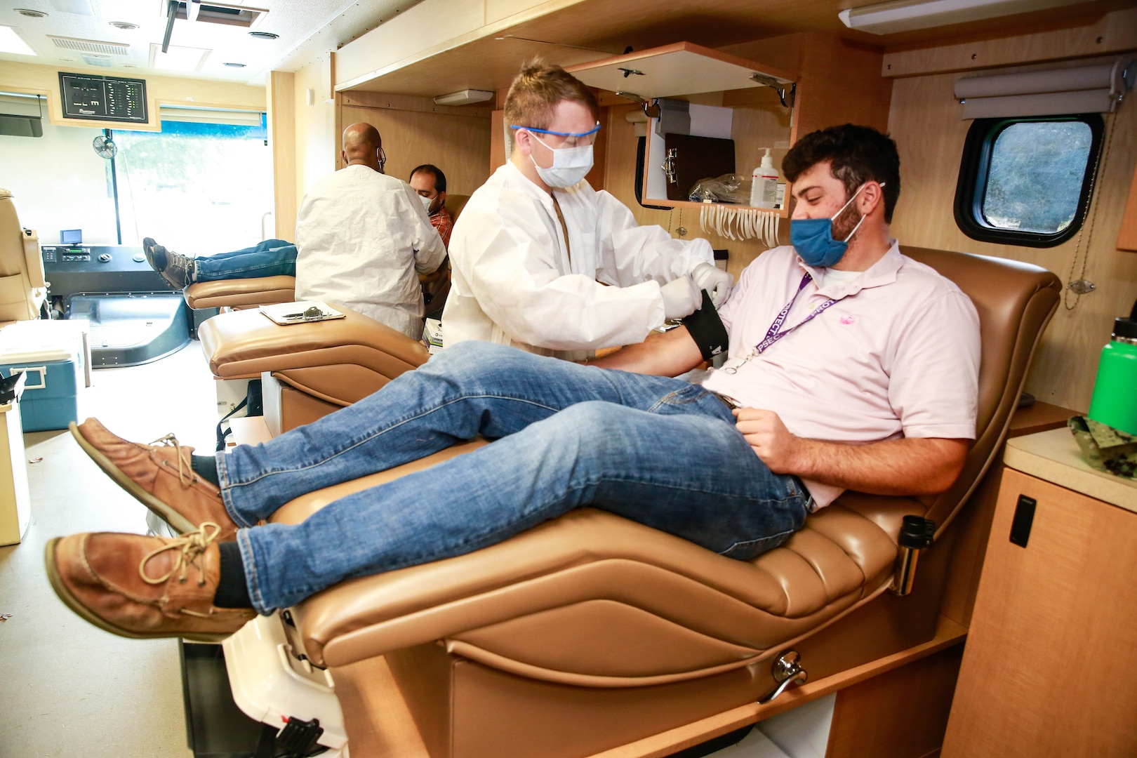 A shipyard employee donates blood recently at Norfolk Naval Shipyard’s blood drive.