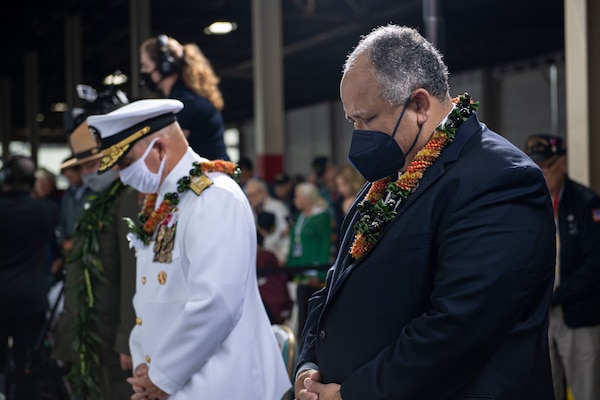 PEARL HARBOR, Hawaii (Dec. 7, 2021) Secretary of the Navy (SECNAV) Carlos Del Toro, right, Rear Adm. Timothy J. Kott, commander, Navy Region Hawaii, center, and National Park Service Superintendent Thomas C. Leatherman, bow their heads during the benediction at the 80th Anniversary Pearl Harbor Remembrance. Dec. 7, 2021 marks the 80th anniversary of the attacks on Pearl Harbor and Oahu. The U.S. military, State of Hawaii and National Park Service are hosting a series of remembrance events throughout the week to honor the courage and sacrifices of those who served throughout the Pacific theater. Today, the U.S.-Japan Alliance is a cornerstone of peace and security in a free and open Indo-Pacific region. (U.S. Navy photo by Mass Communication Specialist 1st Class Kelby Sanders)