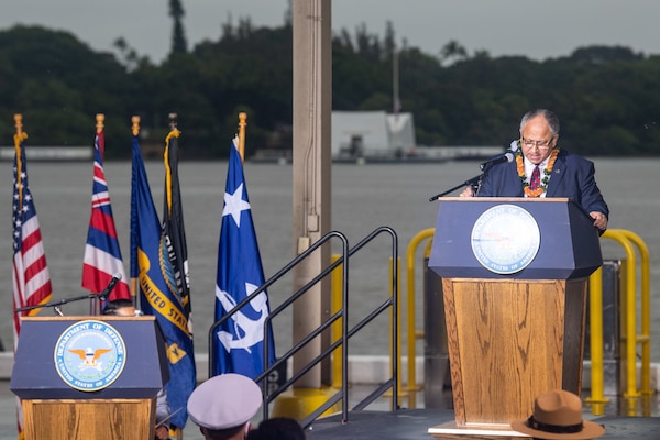 SECNAV Carlos Del Toro delivers remarks during a ceremony to commemorate the 80th anniversary of the Dec. 7, 1941 Japanese attack on Pearl Harbor.