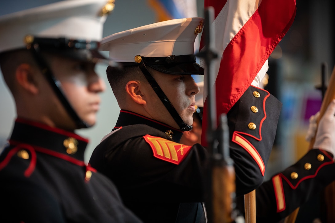 Marine Forces Reserve color guard presents the colors during a remembrance ceremony of the 80th anniversary of the attack on Pearl Harbor at the National World War II Museum in New Orleans Dec. 7, 2021. The event was held to honor the 80th anniversary of the service members who perished from the attack on Pearl Harbor on Dec. 7, 1941. Out of 82 Marine Medal of Honor recipients, 44 were Reserve Marines who performed valiantly during the war. (U.S. Marine Corps photo by Cpl. Jonathan L. Gonzalez)