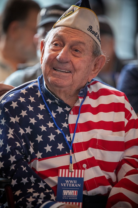 Joseph Richard, WWII veteran, from Sunset, Louisiana, attends a commemorative ceremony for the 80th anniversary of the attack on Pearl Harbor at the National World War II Museum in New Orleans Dec. 7, 2021. Civilians, veterans and service members came together to honor those who perished during the attack on Dec. 7, 1941 and to show appreciation for service members fought during WWII. (U.S. Marine Corps photo by Cpl. Jonathan L. Gonzalez)