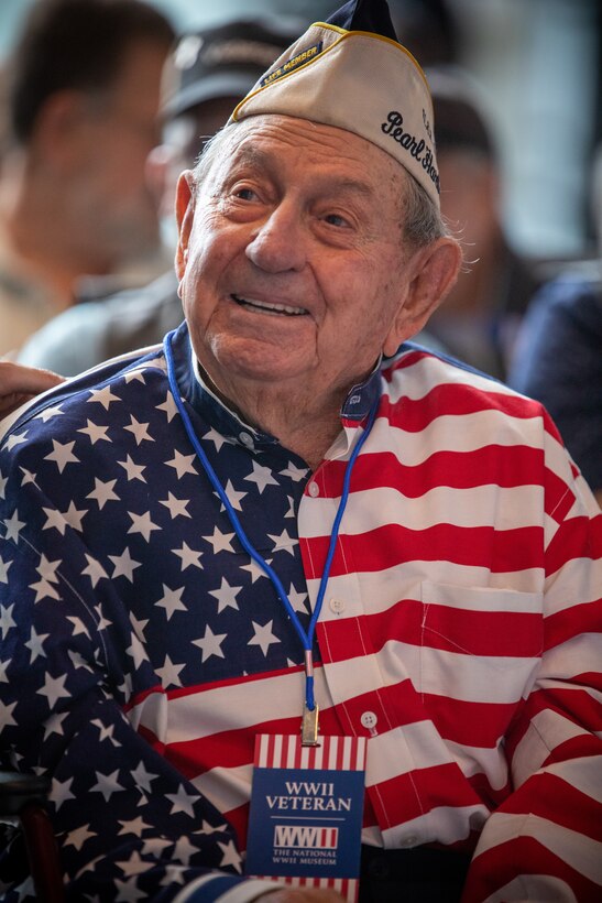 Joseph Richard, WWII veteran, from Sunset, Louisiana, attends a commemorative ceremony for the 80th anniversary of the attack on Pearl Harbor at the National World War II Museum in New Orleans Dec. 7, 2021. Civilians, veterans and service members came together to honor those who perished during the attack on Dec. 7, 1941 and to show appreciation for service members fought during WWII. (U.S. Marine Corps photo by Cpl. Jonathan L. Gonzalez)