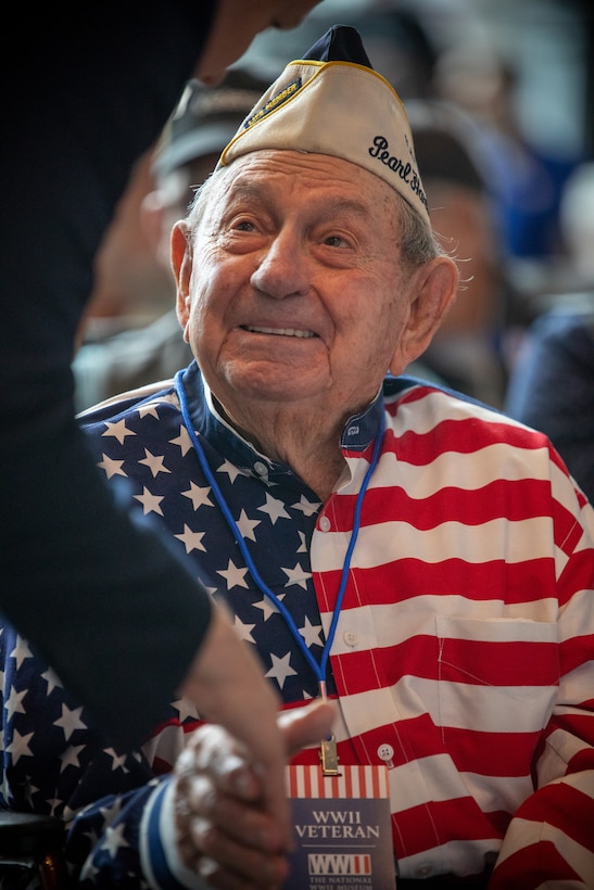 Joseph Richard, a WWII veteran from Sunset, Louisiana, attends a commemorative ceremony for the 80th anniversary of the attack on Pearl Harbor at the National World War II Museum in New Orleans Dec. 7, 2021. Civilians, veterans and service members came together to honor those who perished during the attack on Dec. 7, 1941 and to thank the service members who subsequently fought during WWII. (U.S. Marine Corps photo by Cpl. Jonathan L. Gonzalez)