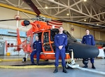 U.S. Coast Guard Petty Officer 3rd Class Schuyler Chervinko (left), Petty Officer 3rd Class Forrest Coltham (center), both aviation maintenance technicians, and Petty Officer 2nd Class Doug Scherer, an avionics electrical technician, are the newest members of the Coast Guard's reserve aviation workforce program and began their reserve duty at Coast Guard Air Station Savannah, Georgia, Oct. 16, 2021. The program currently allows enlisted members in the aviation career field separating from active duty the opportunity to transfer into the reserves. (U.S. Coast Guard photo by Petty Officer 2nd Class Barry Bena)