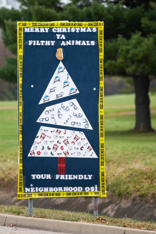 Giant Christmas cards designed by base organizations line Skeel Ave on Wright-Patterson Air Force Base, Ohio. The cards were an attempt to keep people socially connected during COVID-19. (U.S. Air Force photo by Wesley Farnsworth)