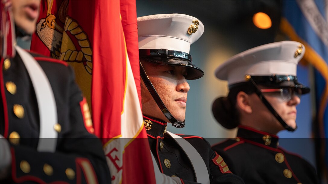 The Marine Forces Reserve color guard parade the colors during an 80th anniversary Pearl Harbor remembrance ceremony at the National World War II Museum in New Orleans Dec. 7, 2021. Civilians, veterans and service members came together to honor those who perished during the attack on Dec. 7, 1941 and to thank the service members who would subsequently fight during WWII. (U.S. Marine Corps photo by Cpl. Jonathan L. Gonzalez)