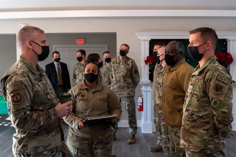 U.S. Air Force Maj. Gen. Michael G. Koscheski, Fifteenth Air Force commander, and Chief Master Sgt. Sonia T. Lee, Fifteenth AF command chief, meet with members of the 633d Security Forces Squadron at Joint Base Langley-Eustis, Virginia, Dec. 1, 2021.