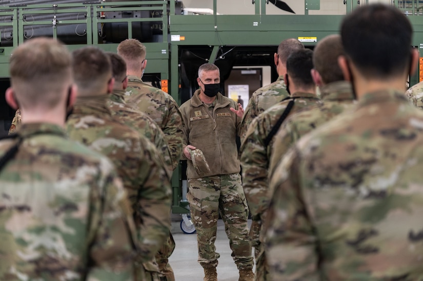 U.S. Air Force Maj. Gen. Michael G. Koscheski, Fifteenth Air Force commander, answers questions from Airmen with the 128th Aviation Brigade, helicopter maintenance school, at Joint Base Langley-Eustis, Virginia, Dec. 1, 2021.