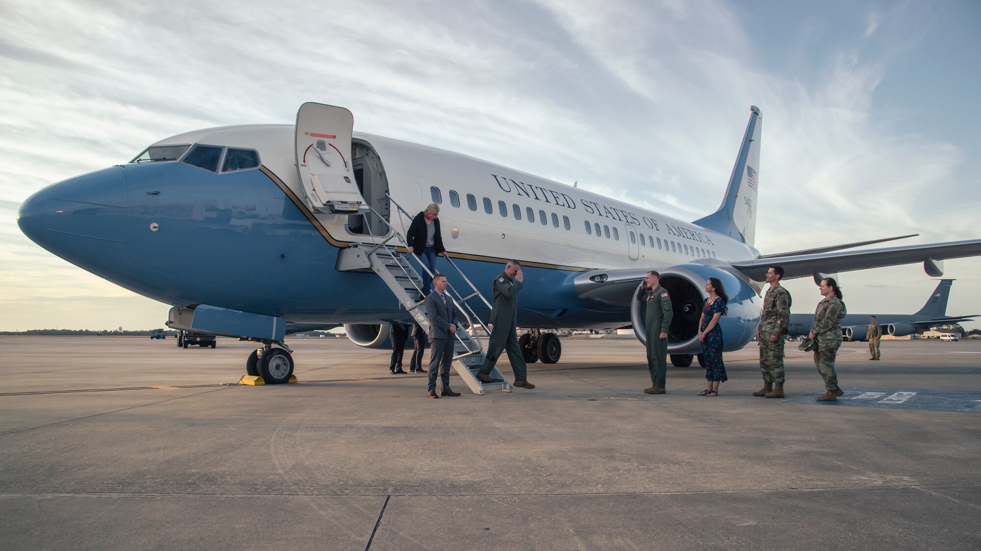 U.S. Air Force Gen. Mike Minihan, commander of Air Mobility Command (AMC), is greeted by U.S. Air Force Col. Benjamin Jonsson, 6th Air Refueling Wing commander, at MacDill Air Force Base, Florida, Dec. 7, 2021.