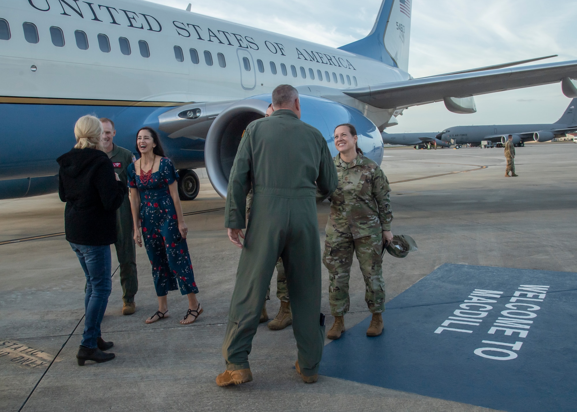 U.S. Air Force Gen. Mike Minihan, commander of Air Mobility Command (AMC), is greeted by U.S. Air Force Chief Master Sgt. Shae Gee, 6th Air Refueling Wing command chief, at MacDill Air Force Base, Florida, Dec. 7, 2021.