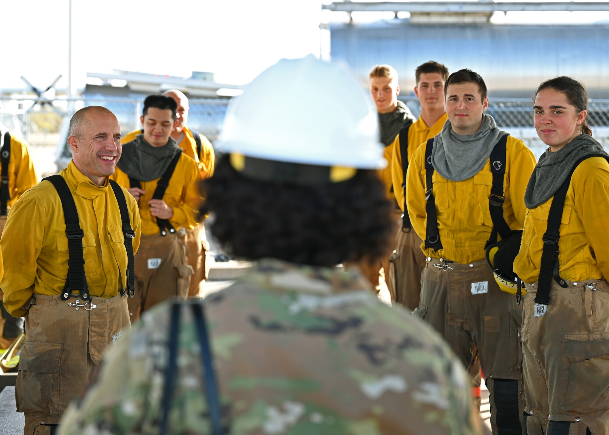 U.S. Air Force Col. Donnette Boyd, AETC command chaplain, talks with fire protection students at the Louis F. Garland Department of Defense Fire Academy on Goodfellow Air Force Base, Dec. 2, 2021. The chaplain spoke to students about the importance of spiritual resiliency. (U.S. Air Force photo by Senior Airman Ethan Sherwood)