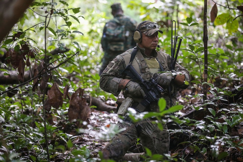 A soldier maintains watch in a jungle.