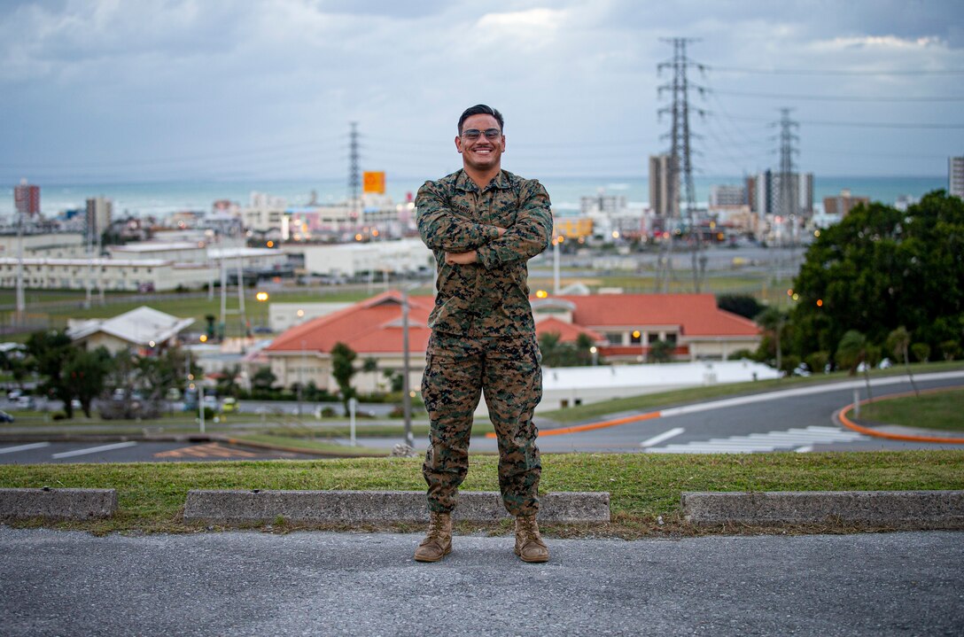 U.S. Marine Corps Staff Sgt. Jorge Gamboa, the mobility chief with Headquarters Battery, 12th Marine Regiment, 3rd Marine Division, poses for an environmental portrait on Camp Foster, Okinawa, Japan, Dec. 1, 2021. Gamboa has served in the Marine Corps for seven years and at the age of 14 he started his bodybuilding journey with the ultimate goal of becoming an International Federation of Bodybuilding and Fitness Professional. (U.S. Marine Corps photo by Lance Cpl. Alex Fairchild)