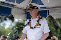 PEARL HARBOR, Hawaii (Dec. 7, 2021) - Pearl Harbor Naval Shipyard & Intermediate Maintenance Facility Commander Capt. Richard Jones speaks during the 2021 USS Oklahoma (BB-37) Memorial Ceremony commemorating the 80th anniversary of the Japanese attack on Pearl Harbor on Dec. 7, 1941.   (U.S. Navy Photo by MC1 Jeffrey Hanshaw/Released).