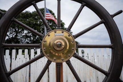 PEARL HARBOR, Hawaii (Dec. 7, 2021) - The Helm of the USS Oklahoma (BB-37) is displayed at the memorial commemorating the 429 Sailors and Marines aboard who lost their lives during the 1941 Japanese attack on Pearl Harbor. (U.S. Navy Photo by MC1 Jeffrey Hanshaw/Released).