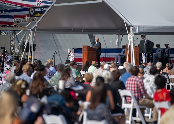 PEARL HARBOR, Hawaii (Dec. 8, 2021)  Governor of Hawaii, David Ige, speaks during the commissioning ceremony of USS Daniel Inouye (DDG 118). Homeported at Joint Base Pearl Harbor-Hickam, DDG 118 is the first U.S. Navy warship to honor the Honorable Daniel K. Inouye, a U.S. senator from Hawaii who served from 1962 until his death in 2012. During World War II, Inouye served in the U.S. Army’s 442nd Regimental Combat Team, one of the most decorated military units in U.S. history. For his combat heroism, which cost him his right arm, Inouye was awarded the Medal of Honor. (U.S. Navy photo by Mass Communication Specialist 2nd Class Nick Bauer)