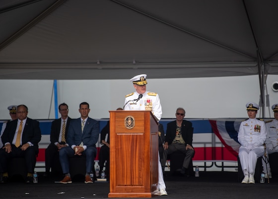 PEARL HARBOR, Hawaii (Dec. 8, 2021) Adm. Samuel Papparo, commander, U.S. Pacific Fleet, speaks during the commissioning ceremony of USS Daniel Inouye (DDG 118). Homeported at Joint Base Pearl Harbor-Hickam, DDG 118 is the first U.S. Navy warship to honor the Honorable Daniel K. Inouye, a U.S. senator from Hawaii who served from 1962 until his death in 2012. During World War II, Inouye served in the U.S. Army’s 442nd Regimental Combat Team, one of the most decorated military units in U.S. history. For his combat heroism, which cost him his right arm, Inouye was awarded the Medal of Honor. (U.S. Navy photo by Mass Communication Specialist 2nd Class Nick Bauer)